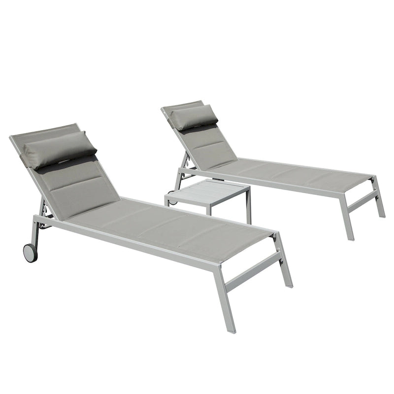 Outdoor Patio Chaise Lounge Set Of 3, Aluminum Pool Lounge Chairs With Side Table And Wheels