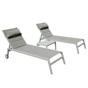 Outdoor Patio Chaise Lounge Set Of 3, Aluminum Pool Lounge Chairs With Side Table And Wheels
