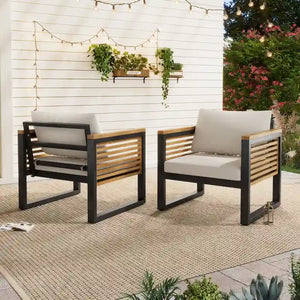Outdoor Acacia Wood and Metal Patio Chair with Cushions