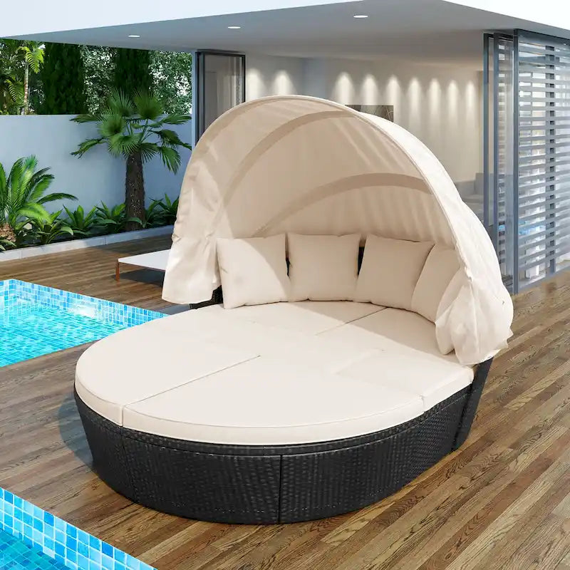 6-Piece PE Rattan Daybed Sunbed with Canopy & Cushions