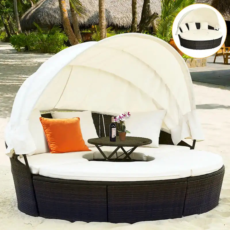 Costway Patio Rattan Daybed Cushioned Sofa Adjustable Table Top Canopy