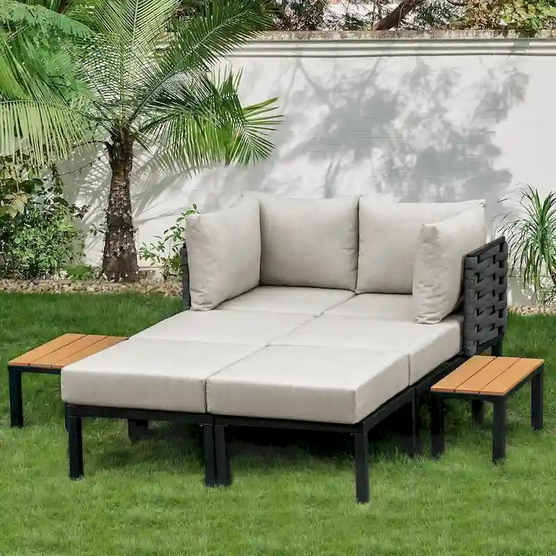 Patio Daybed, Outdoor Daybed Set with 6 Thickened Cushions, Outdoor Sun Bed with Detachable Table