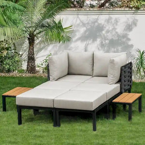 Patio Daybed, Outdoor Daybed Set with 6 Thickened Cushions, Outdoor Sun Bed with Detachable Table