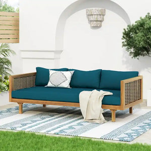 Rattan Arm Daybed 3-Person Acacia Wood Slat Design Outdoor Lounge Furniture