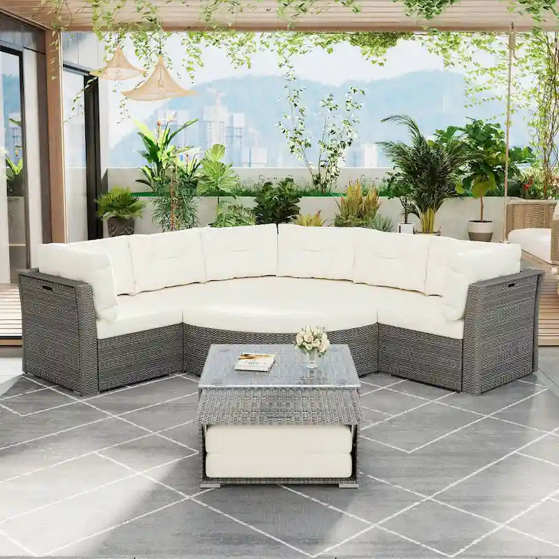 Patio Daybed Set - Rattan Sectional with Cushions & Center Table for Backyard, Pool, Lawn
