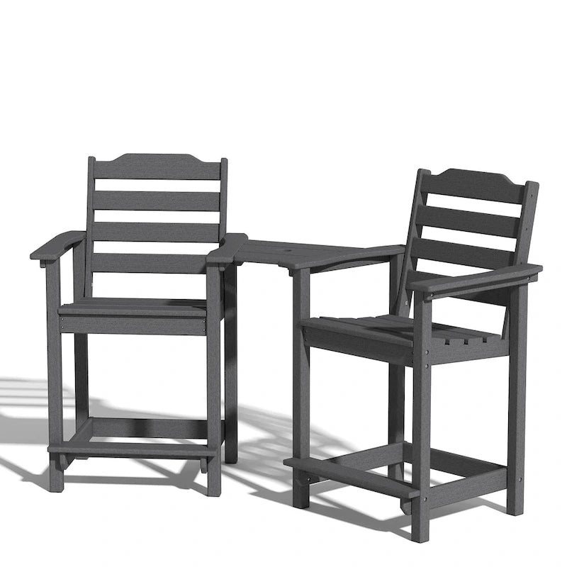 HDPE 2-Piece High Bar Stool Set with Umbrella-Compatible Connecting Table