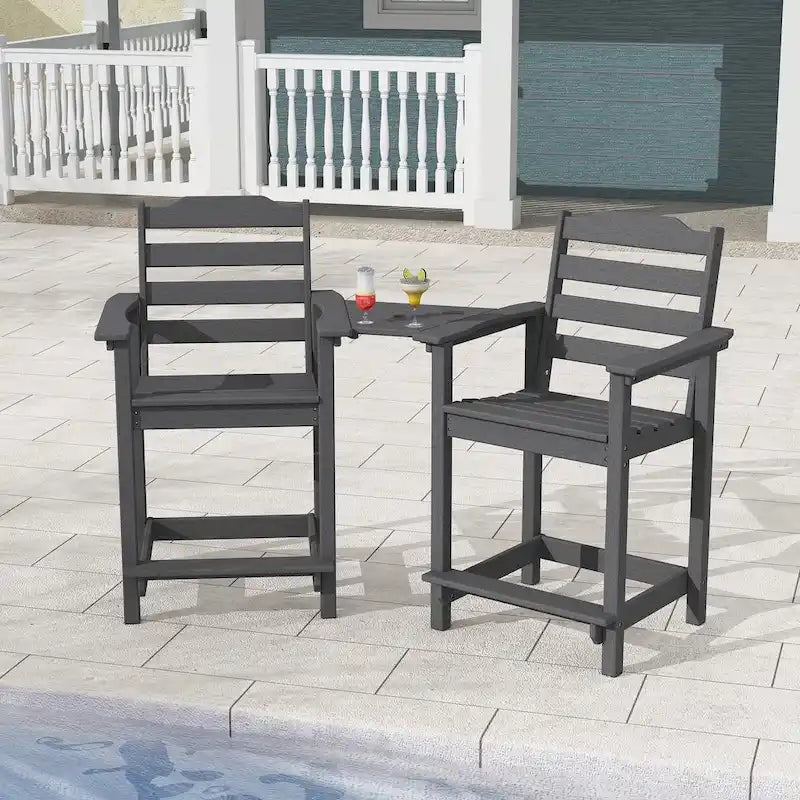 HDPE 2-Piece High Bar Stool Set with Umbrella-Compatible Connecting Table