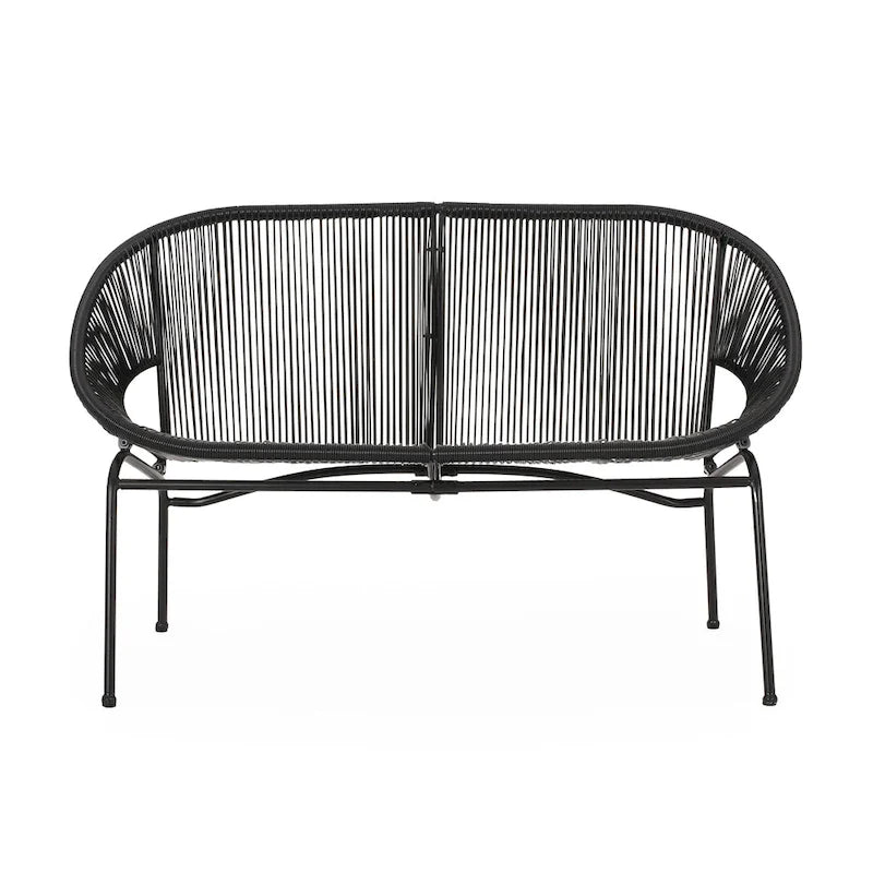 Remma Loveseat, Outdoor Rattan, Basket Woven, Black Iron Frame, 52 Inch