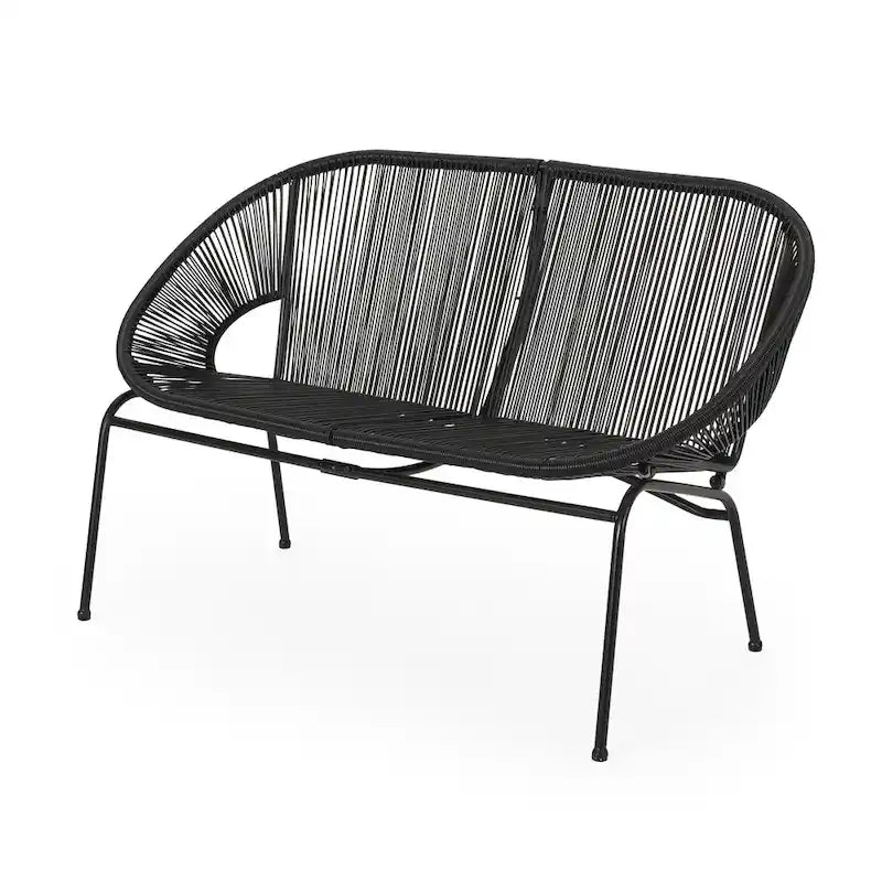Remma Loveseat, Outdoor Rattan, Basket Woven, Black Iron Frame, 52 Inch