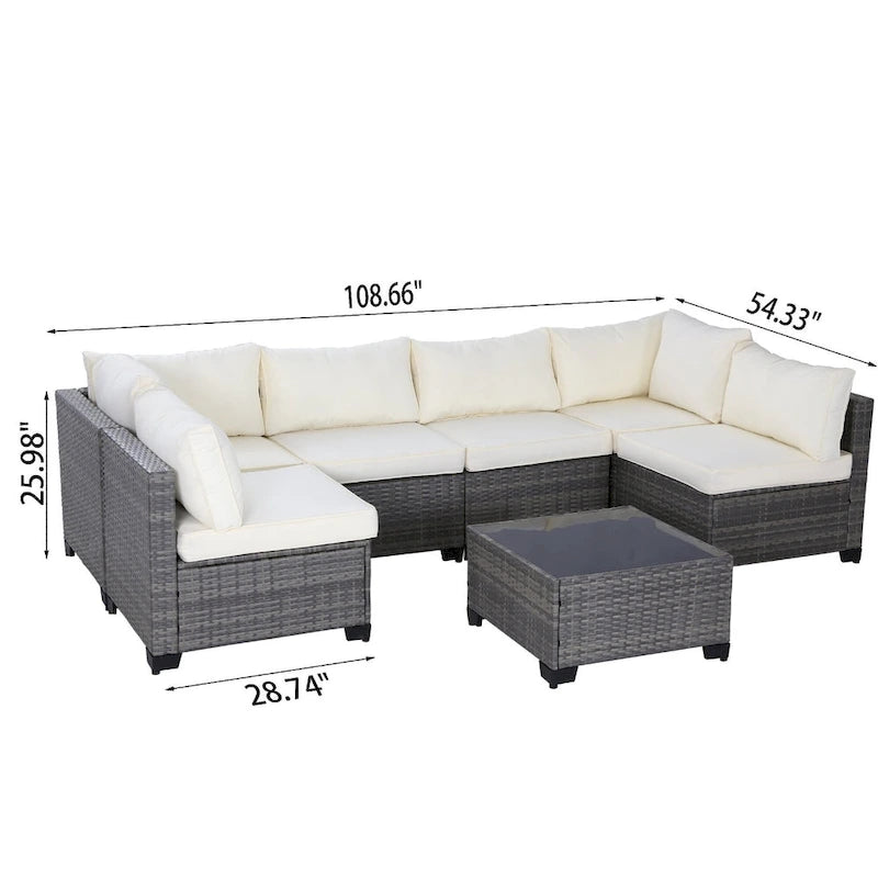 7-Piece All-Weather PE Wicker Patio Conversation Set with Beige Cushions and Coffee Table