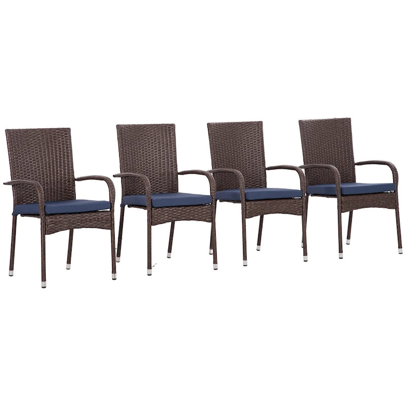 4-Piece Stackable PE Wicker Dining Chair Set, Outdoor Rattan Chairs with Cushions, Armrests & Backrest for Patio, Balcony