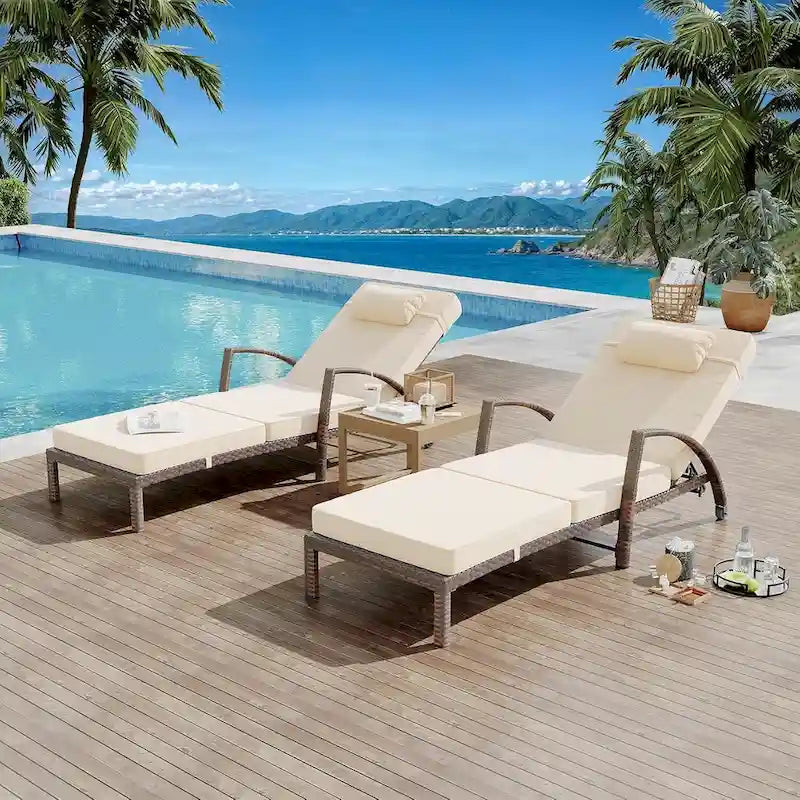 2-Piece Patio Chaise Lounge Chairs,Adjustable Position PE Rattan Wicker with Arm and Cushion