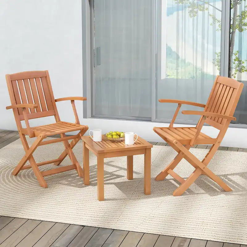 Gymax 3 PCS Eucalyptus Wood Patio Bistro Set w/ 2 Folding Arm Chairs