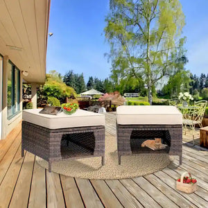 2 Pieces Outdoor Patio Furniture Rattan Storage Ottoman with Cushion