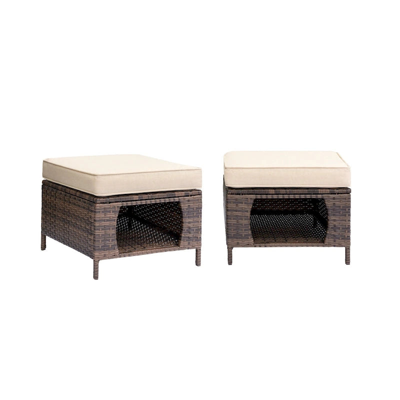 2 Pieces Outdoor Patio Furniture Rattan Storage Ottoman with Cushion