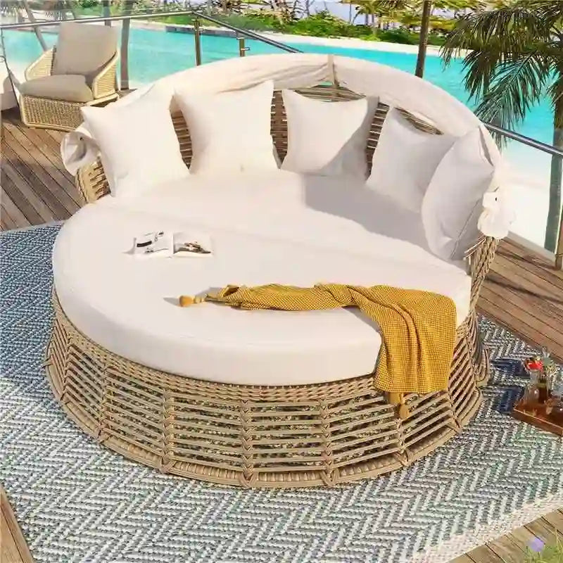 Roomfitters Outdoor Round Daybed, Patio Wicker Sofa with Retractable Canopy & Removable Cushions, Backyard & Porch, Beige