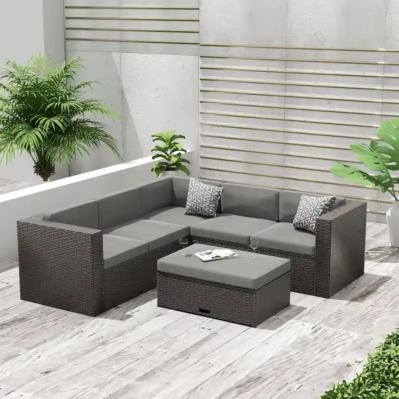 Belmount 6 Seater Wicker Resin Rattan Patio Sectional Set w Cushions