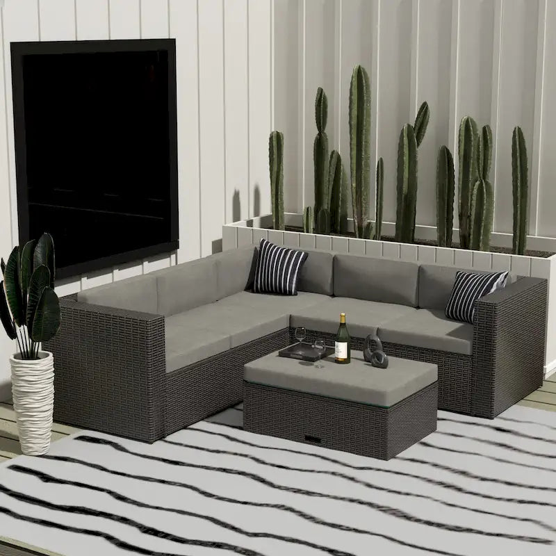 Belmount 6 Seater Wicker Resin Rattan Patio Sectional Set w Cushions