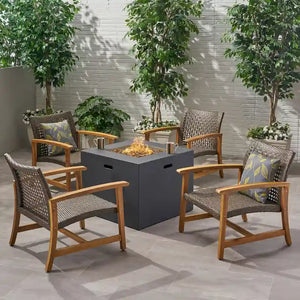 Augusta Outdoor 5 Piece Wood and Wicker Club Chairs and Fire Pit Set by Christopher Knight Home