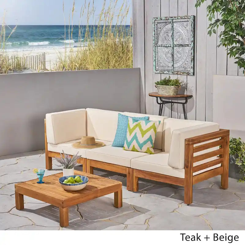 Oana Outdoor 3-Seater Acacia Wood Sectional Sofa Set with Coffee Table by Christopher Knight Home