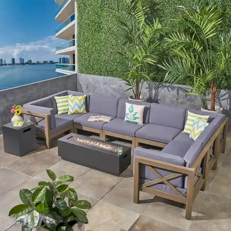 Thasos Outdoor Farmhouse Acacia Wood 8 Seater U-Shaped Sectional Sofa Set with Fire Pit by Christopher Knight Home