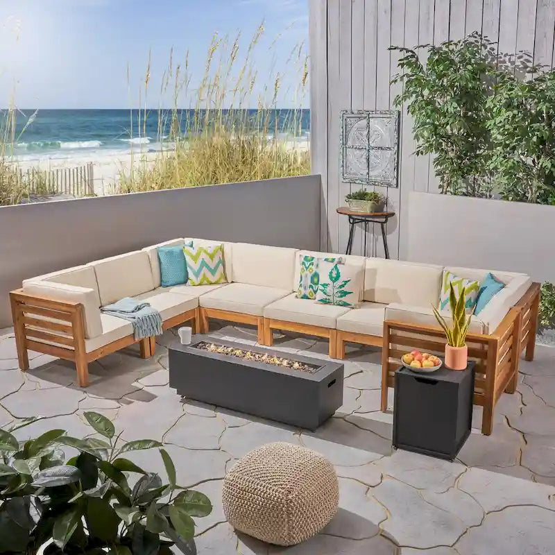 Malawi Outdoor 10-Piece U-Shaped Acacia Wood Sectional Sofa Set with Fire Pit by Christopher Knight Home