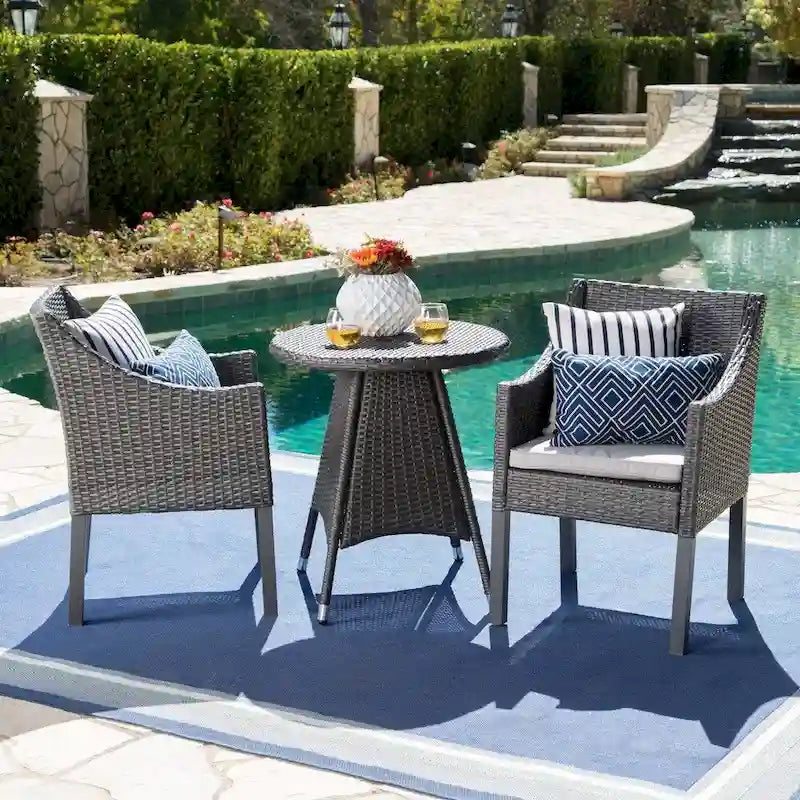 Franco Outdoor 3-Piece Round Wicker Bistro Chat Set with Umbrella Hole & Cushions by Christopher Knight Home - N/A