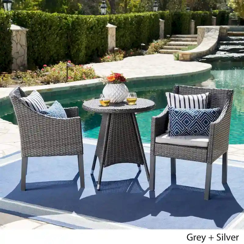 Franco Outdoor 3-Piece Round Wicker Bistro Chat Set with Umbrella Hole & Cushions by Christopher Knight Home - N/A