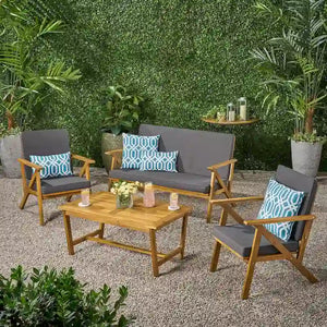 Panama Outdoor 4 Piece Teak Finish Acacia Wood Chat Set with Cushions by Christopher Knight Home