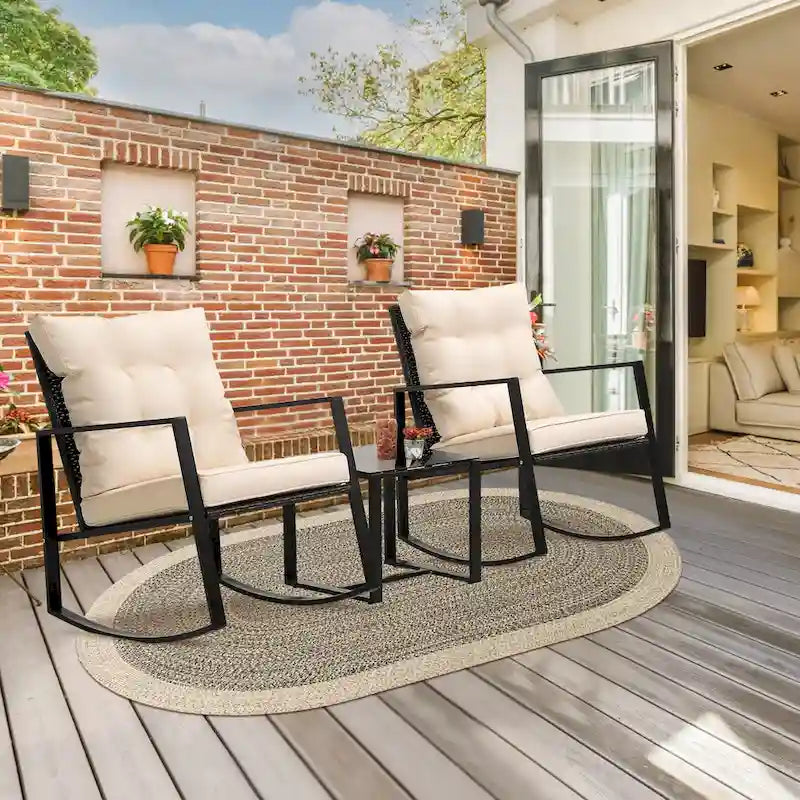 3 Pieces Rocking Wicker Bistro Set,Outdoor Patio Chairs w/ Coffee Table