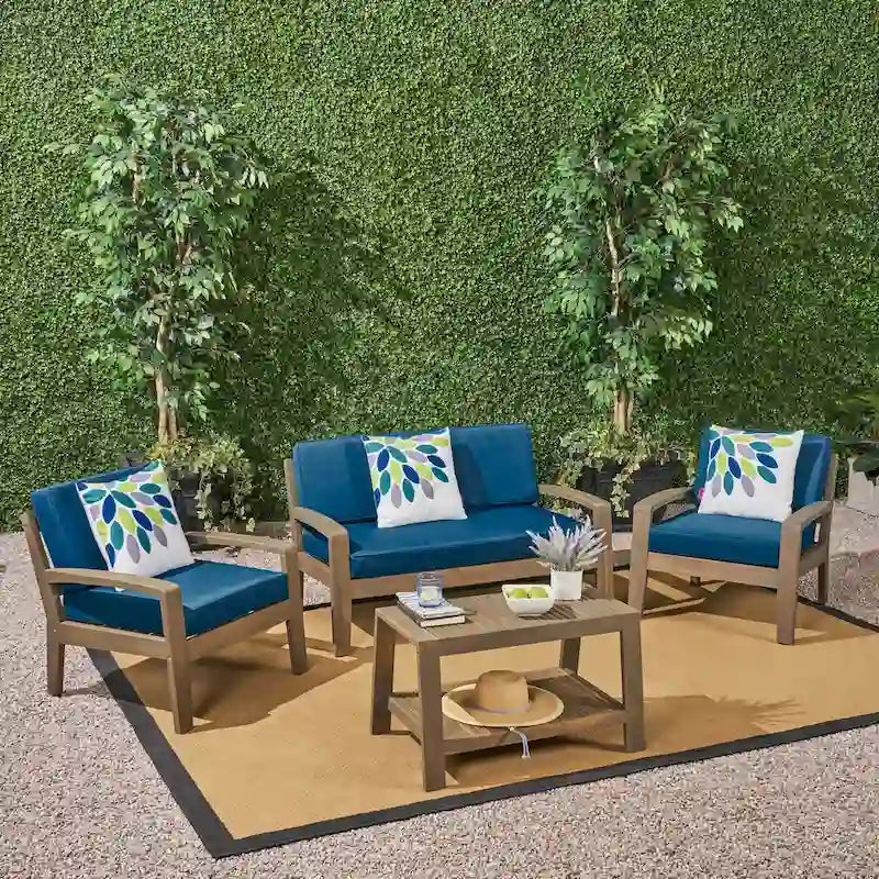 Grenada 4-Piece Outdoor Wood Chat Set with Cushions by Christopher Knight Home