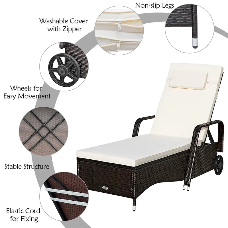 Adjustable Patio Lounge Outdoor Rattan Cushioned Chaise Recliner