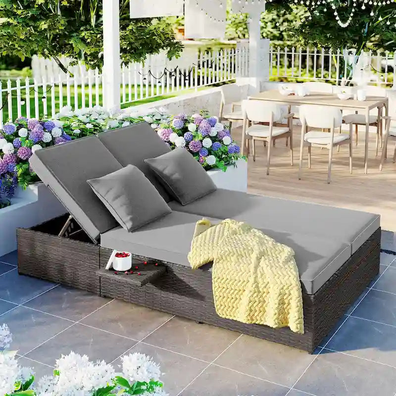 Outdoor Gray Wicker Double Chaise Lounge with Adjustable Backrest
