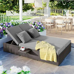 Outdoor Gray Wicker Double Chaise Lounge with Adjustable Backrest
