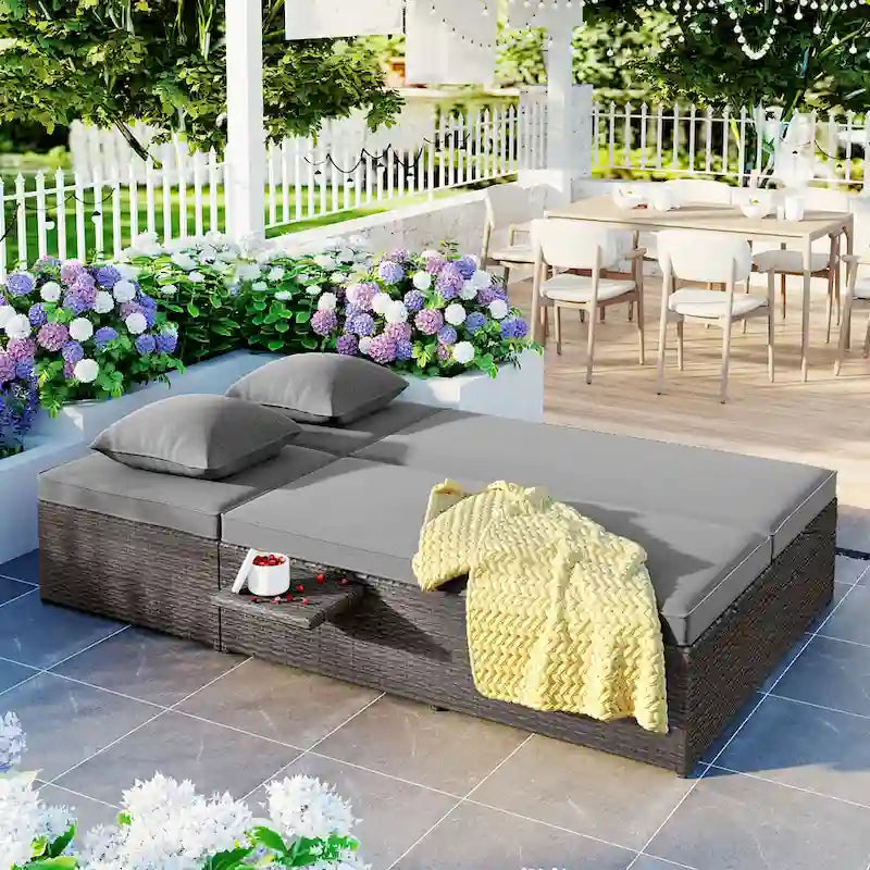 Outdoor Gray Wicker Double Chaise Lounge with Adjustable Backrest