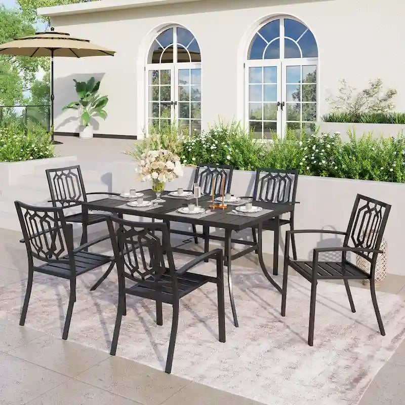 MAISON ARTS Patio Dining Set 7 Piece Metal Rectangle Patio Table with 2.6 Umbrella Hole and 6 Metal Dining Chairs, Black