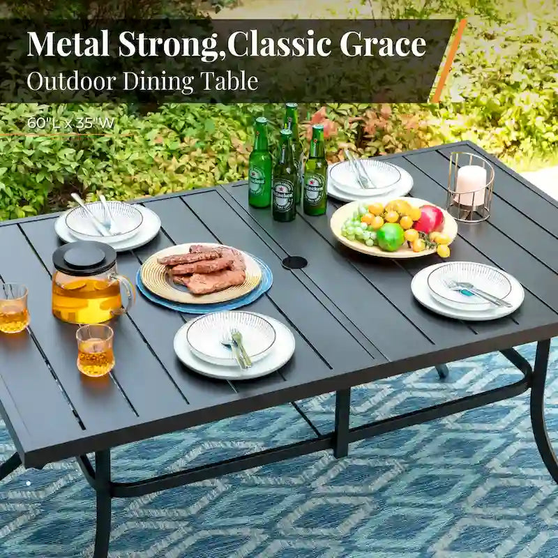MAISON ARTS Patio Dining Set 7 Piece Metal Rectangle Patio Table with 2.6 Umbrella Hole and 6 Metal Dining Chairs, Black