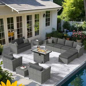XIZZI 13-piece Patio Furniture Outdoor Wicker Sectional Set with Fire Pit