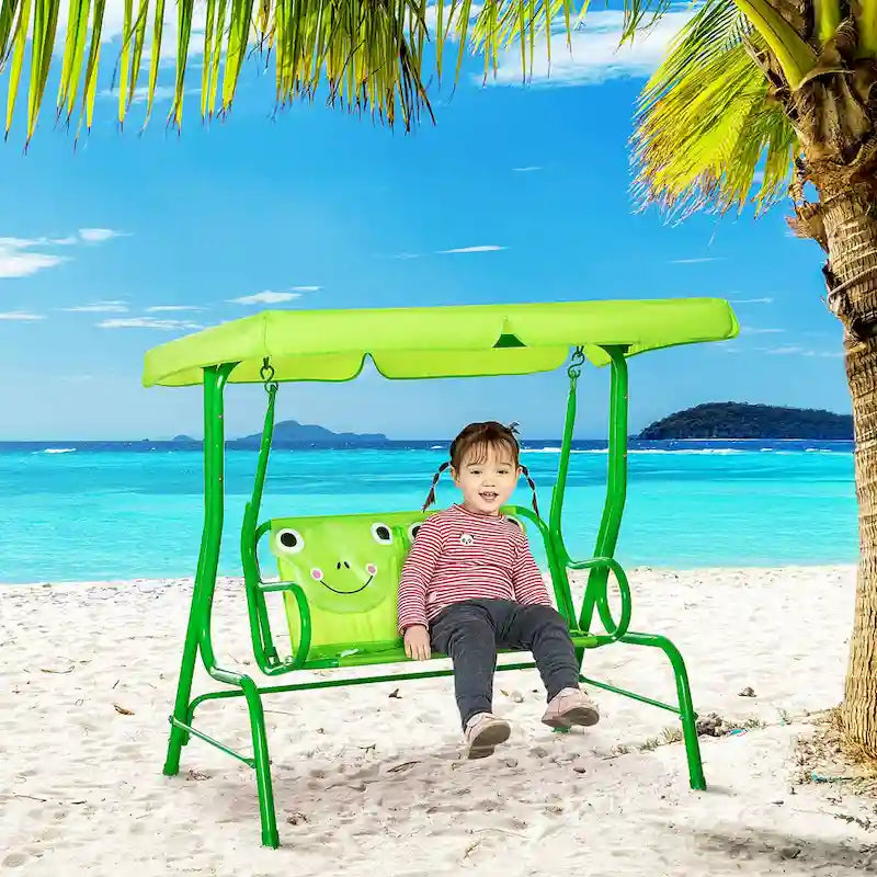 Outsunny 2-Seat Kids Canopy Swing, Children Outdoor Patio Lounge Chair, for Garden Porch, with Adjustable Awning, Seat Belt