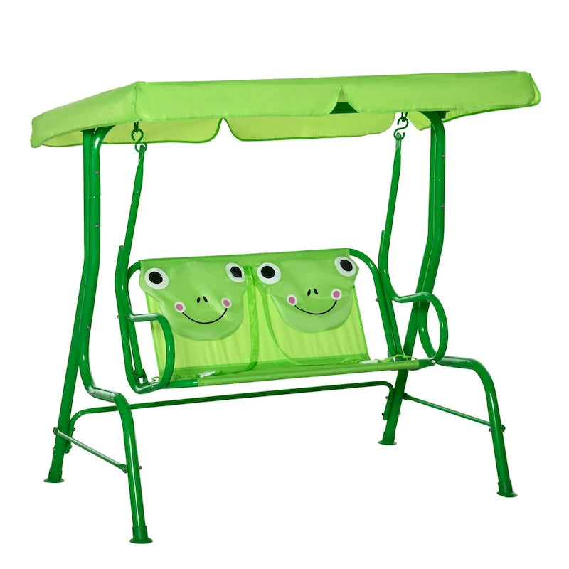 Outsunny 2-Seat Kids Canopy Swing, Children Outdoor Patio Lounge Chair, for Garden Porch, with Adjustable Awning, Seat Belt