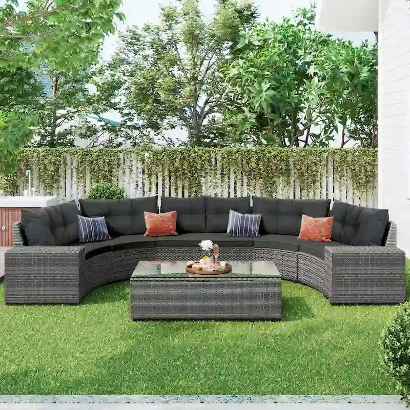 8-pieces Outdoor Wicker Round Sofa Set,Half-Moon Sectional Sets All Weather