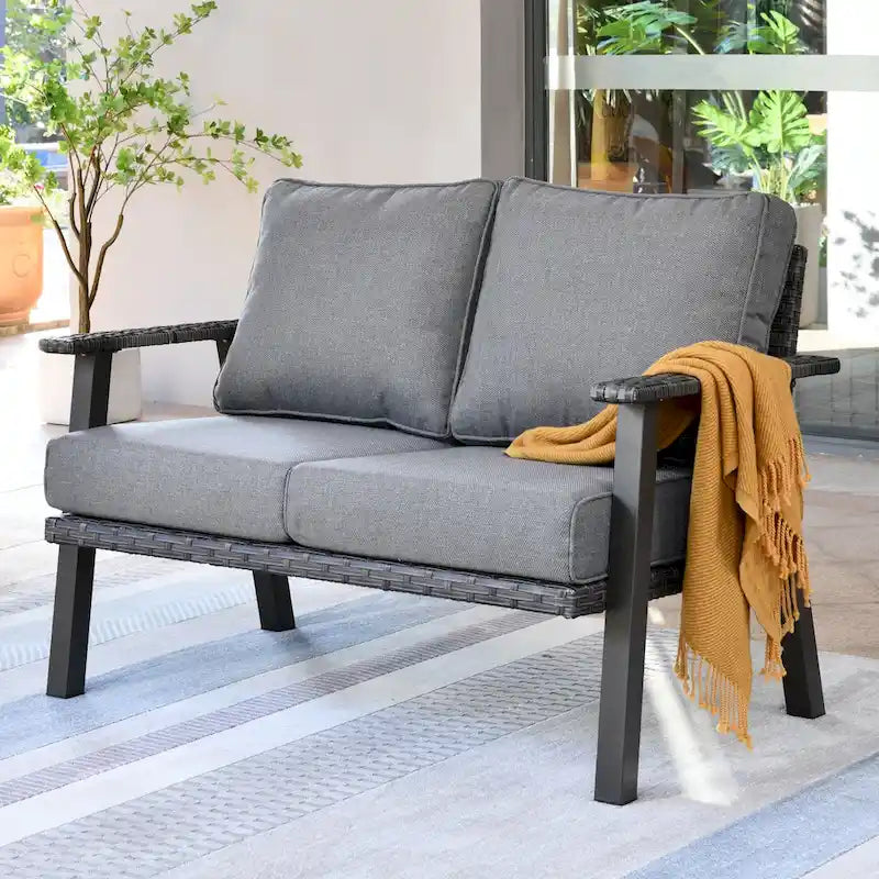 XIZZI Outdoor Wicker Loveseat Steel Frame Bench with Cushion