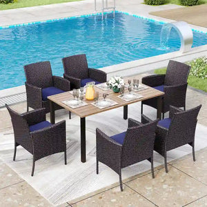 7-piece Patio Dining Set, 6 Sling Patio Rattan Dining Chairs and 1 Metal Dining Table
