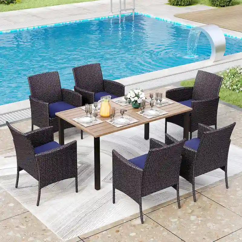 7-piece Patio Dining Set, 6 Sling Patio Rattan Dining Chairs and 1 Metal Dining Table