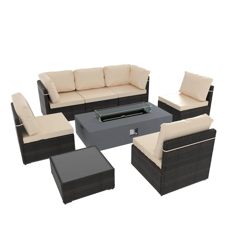 UPHA 8 Pieces Patio Furniture Set with Gas Propane Concrete Fire Pit Table, Outdoor Sectional Sofa Set