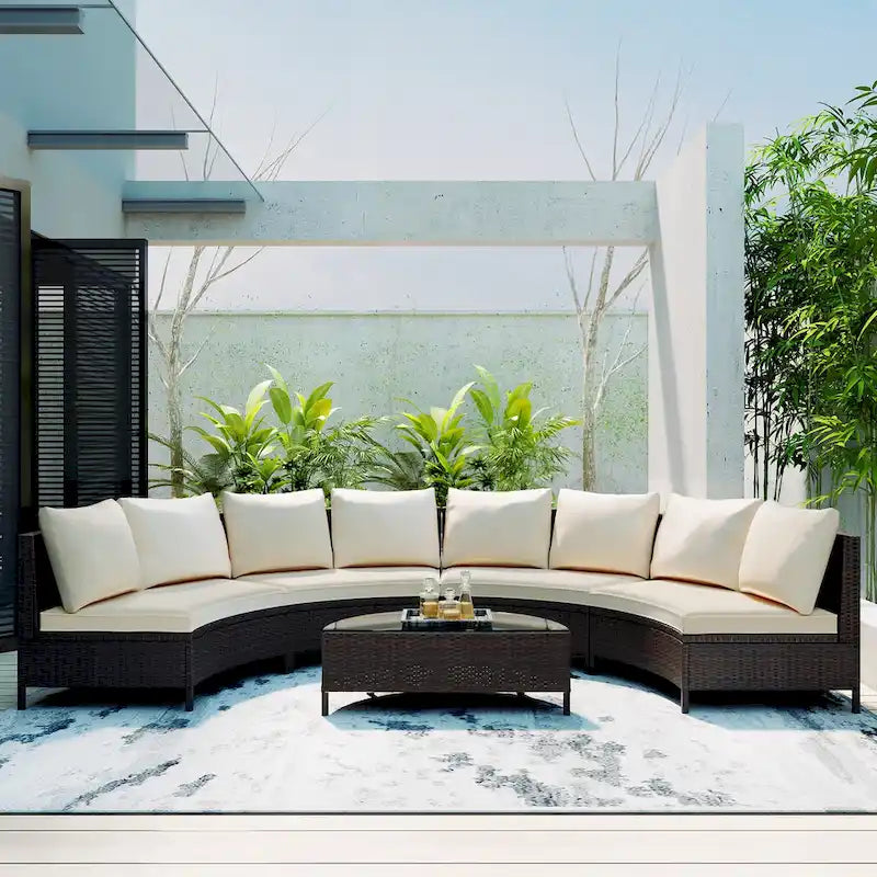 Half Moon Patio Outdoor Rattan Sectional Sofa Set with Cushion & Table