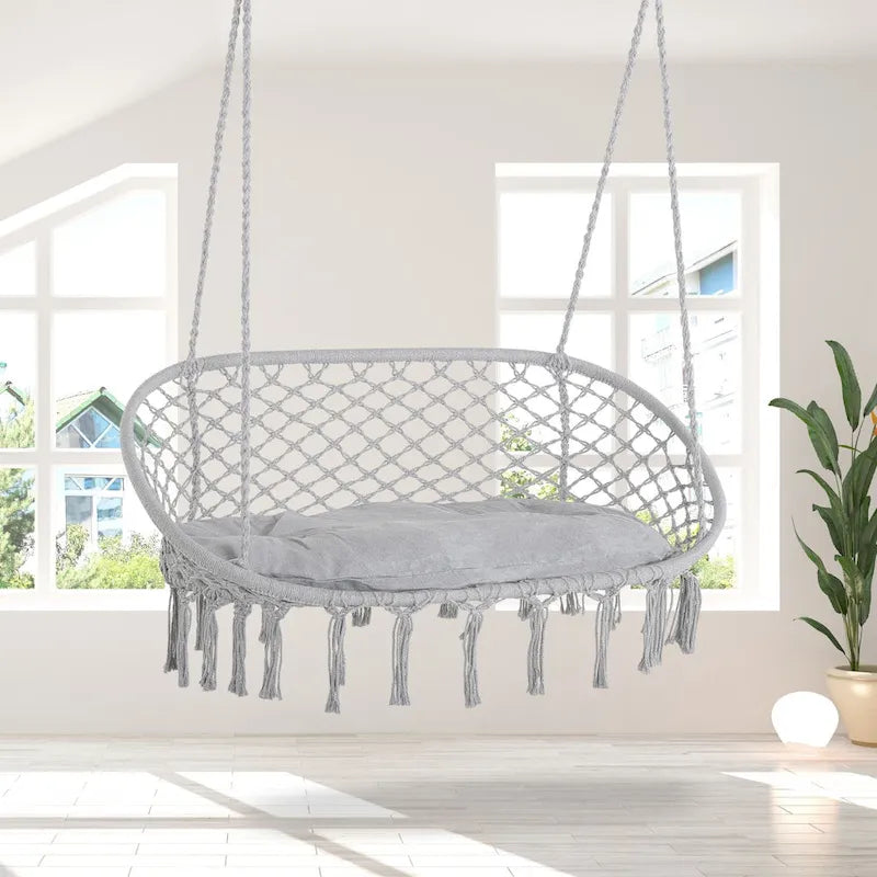 Outsunny Outdoor Hanging Hammock Porch Swing Chair with Cotton Rope Netting, Steel Frame, & Built-In Armrests