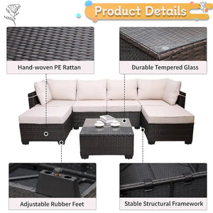 Outdoor Garden Patio Furniture 7-Piece PE Rattan Wicker Cushioned Sofa Sets with 2 Pillows and Coffee Table