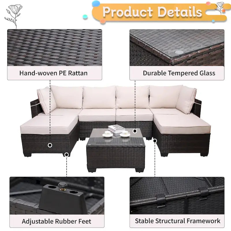Outdoor Garden Patio Furniture 7-Piece PE Rattan Wicker Cushioned Sofa Sets with 2 Pillows and Coffee Table