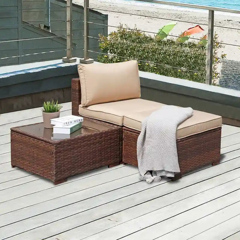 3-Piece Patio Sectional Sofa Set with Side Table and Ottoman